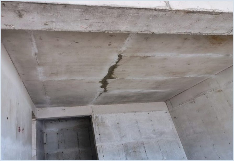 Dark staining along an area of concrete slab soffit recorded in the audit