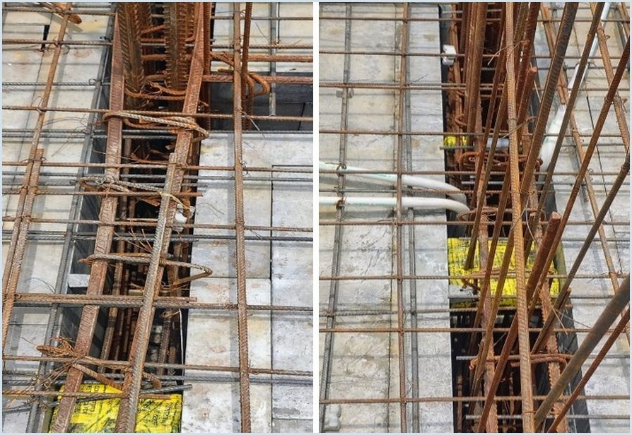 Paired site photographs showing beam reinforcement before concreting