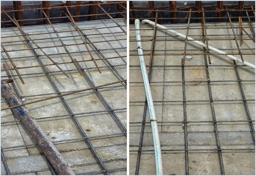 Paired site photographs of slab reinforcement and service conduits before concreting