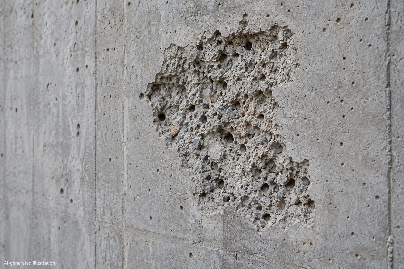 AI-generated illustration of localized concrete honeycombing