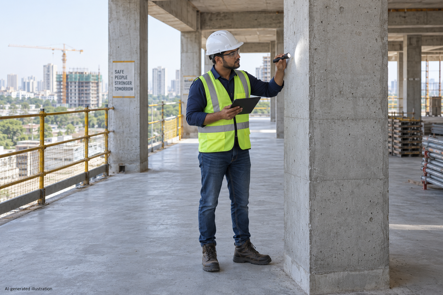 AI-generated illustration of an engineer examining a concrete column