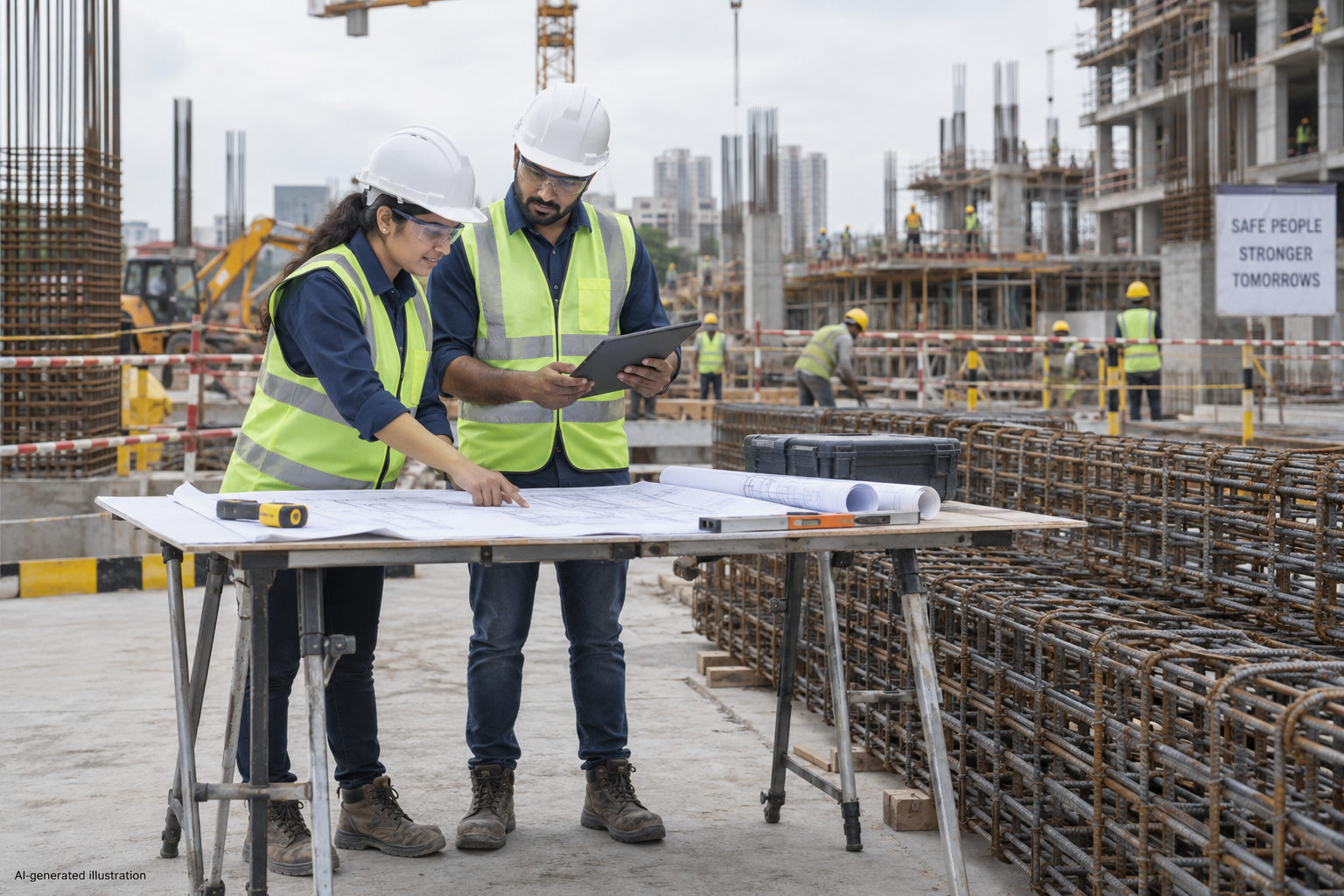 AI-generated illustration of two engineers reviewing drawings and a tablet at a construction site